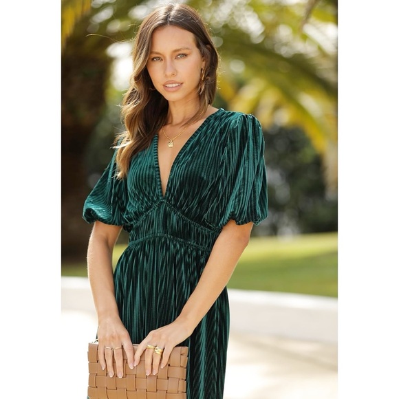 SISSYAKI Emerald Green Velvet Formal Maxi Dress V Neck Short Puff Sleeve XL - Picture 2 of 9